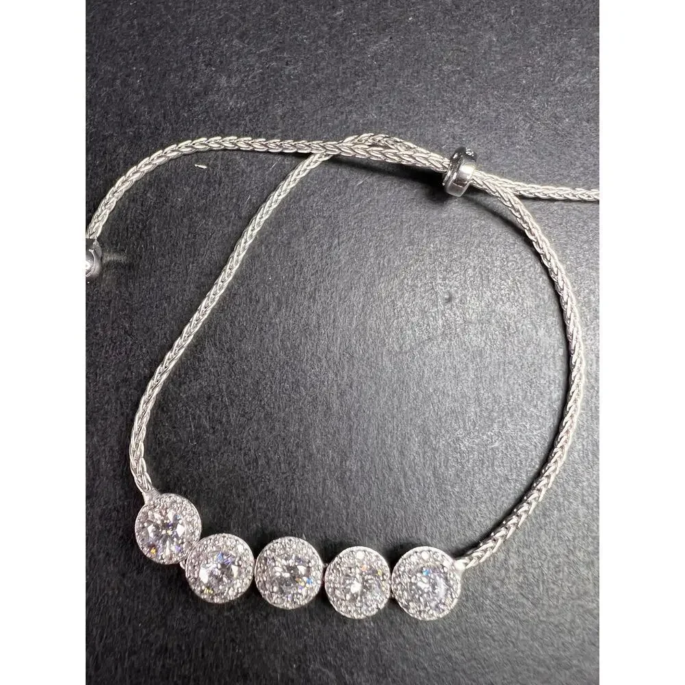 Sterling Silver CZ Halo Bolo Bracelet Adjustable Sparkle Slider Bracelet - Picture 1 of 15